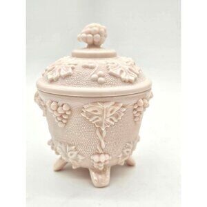 Vintage Jeannette Glass Shell Pink Milk Footed Jar with Lid Grape Motif EUC